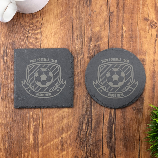 Football Badge Coaster, Any Team Badge Laser Engraved Slate 100mm Coffee Tea Wedding, Birthday, Anniversary, Christmas.