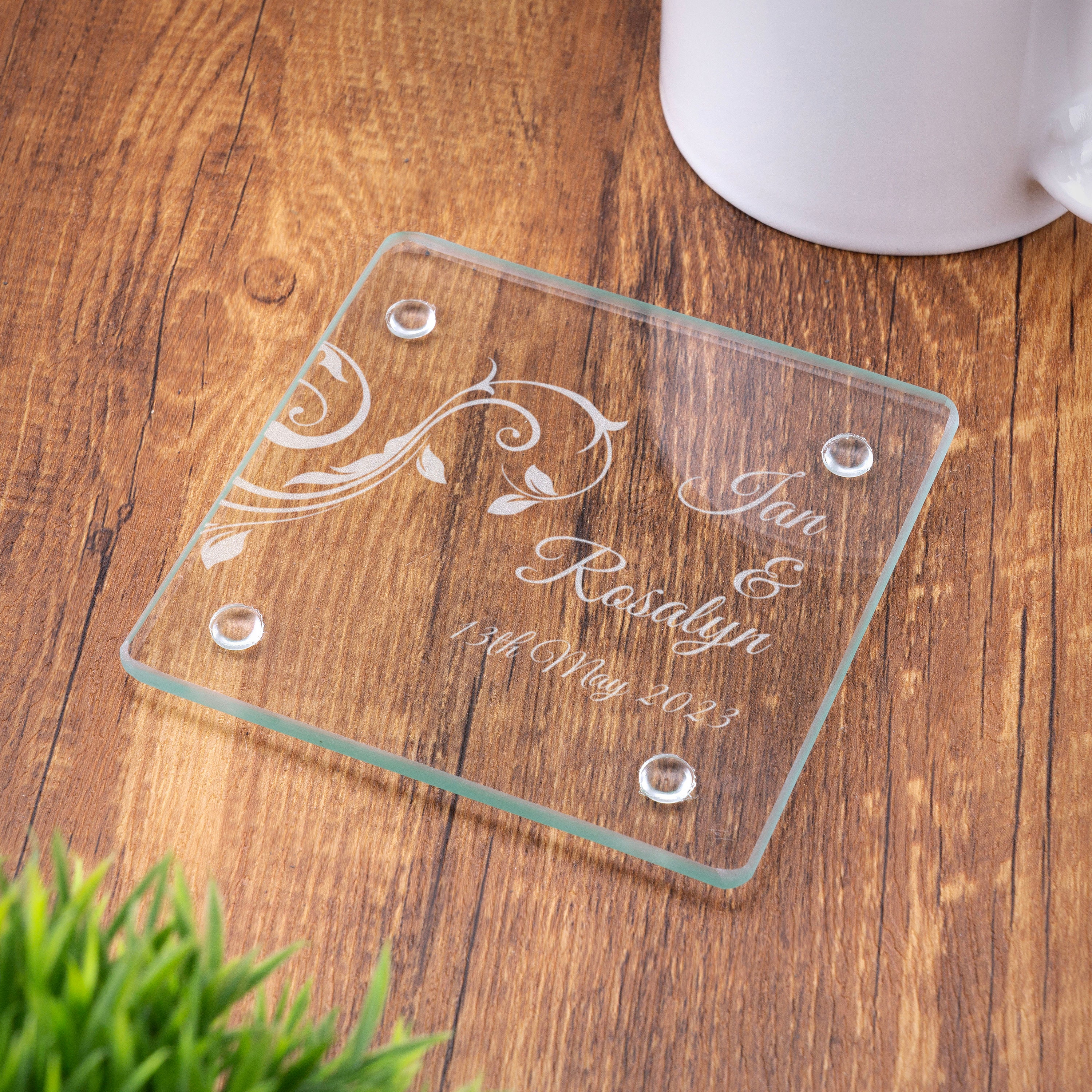 Personalised Acacia Wood Coasters, Wedding Gift, Personalised Engraved Name  and Date Acacia Wood Coasters, Wood 5th Anniversary Gift 