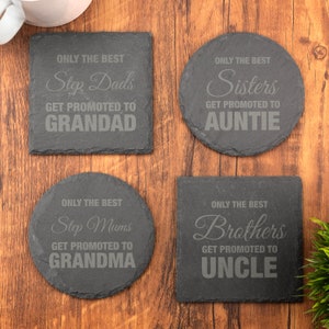 Posavasos de pizarra personalizado: Mejor familia, ascenso, abuela, nana, tío, tía, abuelo, papá, abuelos.
