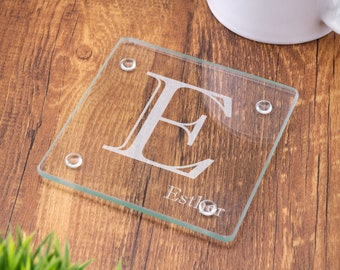 Glass Coaster, Personalised Initial Letter & Name, Laser Engraved Gift, Wedding, Birthday, Anniversary, Christmas. Im