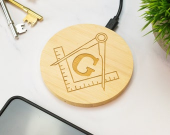 Free Mason Wireless Phone Charger Wooden Cell Phone Charger Symbolic Gift for Craftsmen
