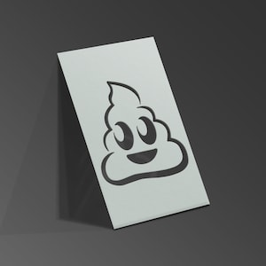 Puede incluir: Una plantilla blanca con una silueta negra de un emoji de caca sonriente con dos ojos.