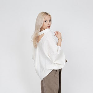 Open Back Top/Linen Blouse/Off White Shirt/Backless Shirt/Flax Clothing/Open Back Shirt/Elegant Shirt/Women&#39;s Linen Shirt/Sea Blouse/FC1017