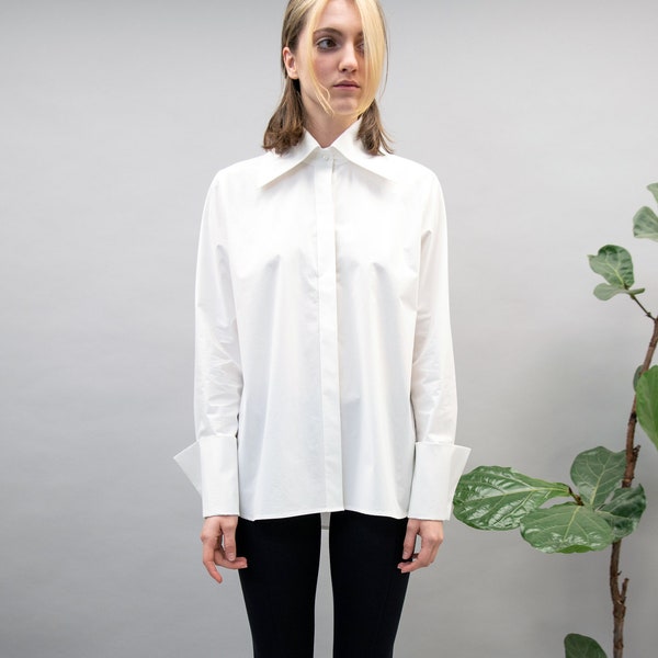 White Classic Shirt,Collared Shirt,Shirt with Hidden Buttons,Oversized White Shirt,Extra Large Collar and Cuffs, ,White Loose Shirt,FC1050