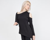 Open Shoulder Blouse Asymmetrical Length Top Custom Made Top Black Handmade Blouse Eco Blouse Slow Fashion Loose Blouse Casual Blouse FC1027