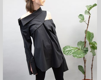 Black Convertible Shirt,Open Shoulder Shirt,Detachable Shirt,Asymmetrical Black Shirt,Multipurpose Shirt,Cut Out Shirt,Designer Shirt,FC1032