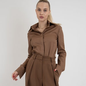 Camel Collared Shirt, Office Shirt, Shirt with Hidden Buttons, Extra Large Cuffs, Classic Shirt, Elegant Office Wear, Fitted Shirt, FC2132