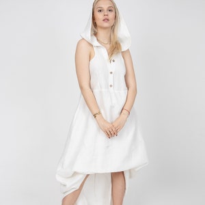Hooded Dress/Convertible Dress/Linen Shirt Dress/Linen Beach Dress/Slow Fashion/White Maxi Dress/Flowing Dress/Asymmetric Dress/FC1023