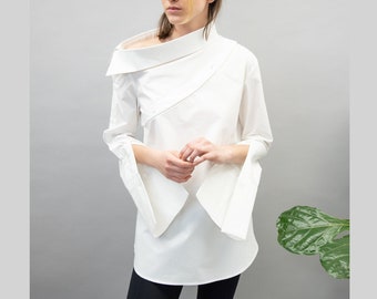White Convertible Shirt,Open Shoulder Shirt,Detachable Shirt,Asymmetrical White Shirt,Multipurpose Shirt,Cut Out Shirt,Designer Shirt,FC1033