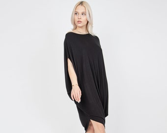 Black Draped Dress/Tunic Dress/Asymmetrical Dress/Off The Shoulder Dress/Casual Dress/Sporty Dress/Draped Dress/Blouson Dress/FC1010