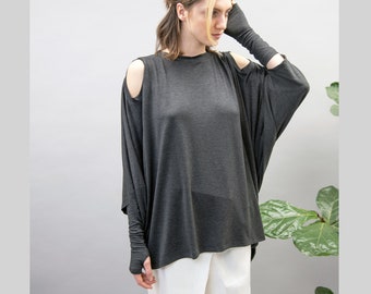 Charcoal Open Shoulder Blouse,Convertible Top,Asymmetrical Blouse,Oversized Shirt,Casual Loose Top,With/Without Sleeves,Grey Blouse,FC1043