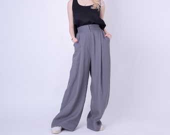 wide leg pant tie belt pant 2 piece set pant 2-0308 maxi linen pant summer pant women linen pant linen palazzo pants Grey linen pants