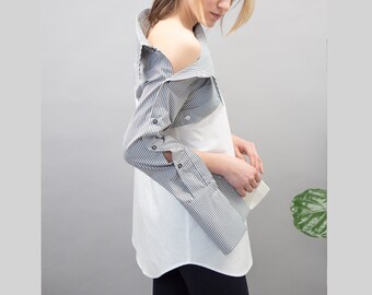 Stripe/White Convertible Shirt,Open Shoulder Shirt,Detachable Shirt,Asymmetrical Shirt,Multipurpose Shirt,Cut Out Designer Shirt,FC1040