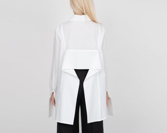 White Asymmetrical Shirt,Collared Shirt,Open Back Shirt,Oversized White Shirt,Extra Large Cuffs,Open Back Shirt,Casual Loose Shirt,FC2115