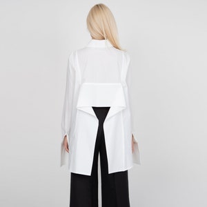 White Asymmetrical Shirt,Collared Shirt,Open Back Shirt,Oversized White Shirt,Extra Large Cuffs,Open Back Shirt,Casual Loose Shirt,FC2115 image 1