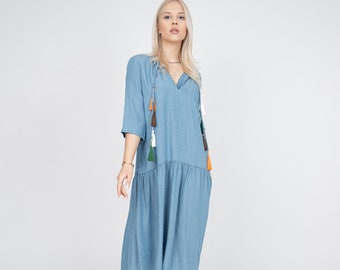 Boho Maxi Dress/Dress with Pompons/Long Denim Dress/Shirt Maxi Dress/Eco Dress/Long Shirt Dress/Blue Maxi Dress/Slow Fashion/FC1189