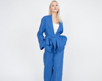 Women's Linen Set/Pants Suit For Women/Linen Casual Suit Women/Linen Wrap Top/Linen Suit Women/Linen Summer Set/Linen Two Piece Set/FC1201