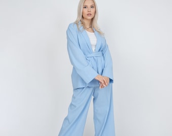 Linen Suit Women/Linen Summer Set/Linen Casual Suit Women/Linen Two Piece Set/Women's Linen Set/Loose Linen Pants/Linen Wrap Top/FC1175