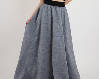 Long Linen Skirt/Linen Maxi Skirt/Linen Skirt/Linen Blue Skirt/Summer Maxi Skirt/Flared Skirt/Elastic Waist Skirt/Draped Skirt/FC2124