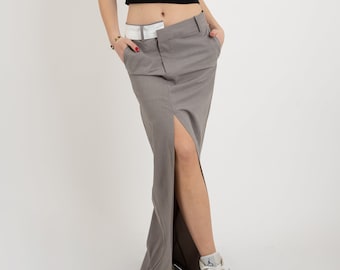 Cargo Skirt/Mid Rise Skirt/Gray Pencil Skirt/Pencil Skirt/Longline Skirt/Front Slit Skirt/Handmade Skirt/Zero Waste Skirt/Maxi Skirt/FC2125