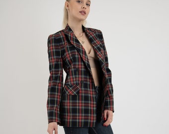 Red Tartan Blazer, Handmade Crepe Plaid Coat FC2117