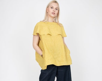 Linen Ruffle Top/Flax Blouse/Linen Tunic Top/Summer Blouse/Mustard Linen Top/Eco Top/Linen Peasant Top/Linen Tunic/Flax Clothing/FC1167