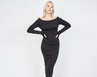 Slim Fit Kleid / Off Shoulder Kleid / Langes Kleid mit Daumenloch / Schwarzes geripptes Kleid / Bleistiftkleid / Elegantes schwarzes Kleid / Öko-Kleid / FC1074