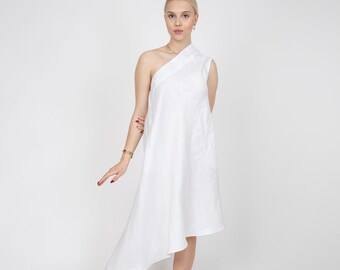 Vegan Linen Dress/Asymmetric Dress/Flax Clothing/Linen Tunic Dress/Linen Caftan/Sleeveless Midi Dress/Flax Dress/Linen Summer Dress/FC1159
