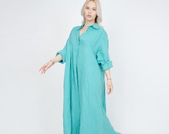 Flowing Dress/Linen Shirt Dress/Flax Long Dress/Handmade Linen Dress/Teal Dress/Summer Dress/Linen Robe/Zero Waste Dress/Linen Caftan/FC1072