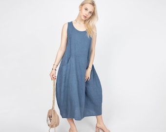 Linen Midi Dress/Blue Kaftan Dress/Blue Maxi Dress/Flax Dress/Linen Tunic Dress/Linen Caftan/Summer Robe/Classic Dress/Flowing Dress/FC1150