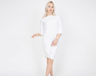 White Draped Dress/Tunic Dress/Asymmetric Dress/Off Shoulder Dress/Casual Dress/Semi Short Sleeve Dress/Plus Size Dress/Summer Dress/FC1074