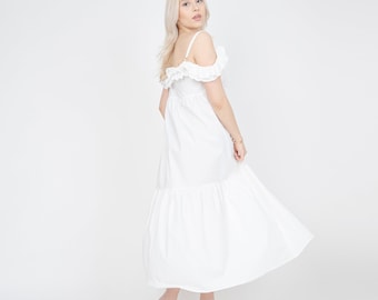 Wedding Dress Alternative/White Romantic Dress/Maxi Ruffle Dress/Cute White Dress/Off Shoulder Dress/Open Back Dress/Beach Dress/FC1005