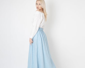 Linen Maxi Skirt/Linen Skirt/Light Blue Skirt/Summer Maxi Skirt/Long Blue Skirt/Skirt With Pockets/Elastic Waist Skirt/Draped Skirt/FC1130