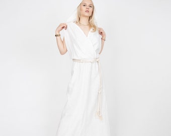 Hooded Dress/Flax Long Dress/White dress open back/Handmade Linen Dress/Eco Dress/Summer Dress/Linen Robe/Zero Waste/Linen Caftan/FC1154