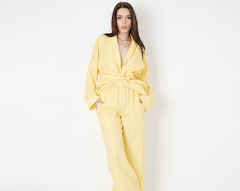 Linen Two Piece Set/Women's Linen Set/Loose Linen Pants/Linen Wrap Top/Linen Suit Women/Linen Summer Set/Yellow Linen Casual Suit/FC1103