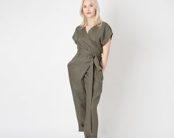 Military Linen Jumpsuit with Pockets/Wrap Linen Jumpsuit/Casual Belted Jumper/Overlapping Front Jumpsuit/Minimalist Linen Jumpsuit/FC1108