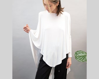 White Oversized Blouse,Loose White Top,Asymmetrical Draped Blouse,Asymmetrical Top,Casual Loose Top,Slim Sleeve Top,Rectangular Top,FC1057