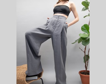 Wide Leg Grey Linen Pants,Loose Pants,Palazzo Pants,High Waist Pants,Flowy Pants,Relaxed Linen Trousers,Grey Elegant Pants FC1002