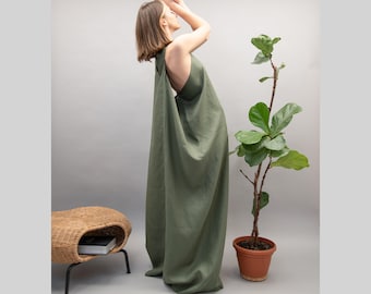 Green Kaftan Dress/Handmade Linen Dress/Side Draped Dress/Elegant Dress/Zero waste Dress/Green Maxi Dress/Summer Dress/Flowing Dress/FC1007
