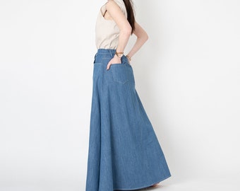 Denim Maxi Skirt/Denim Maxi Skirt/Vintage Denim Skirt/Denim A Line Skirt/Summer Maxi Skirt/Elastic Waist Skirt/Skirt With Pockets/FC1100