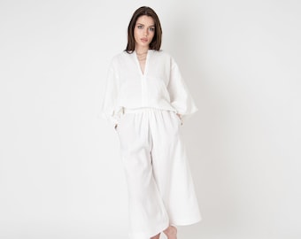 Linen Summer Set/Linen Two Piece Set/White Linen Set/Linen Harem Pants/Women's Two Piece Set/Linen Suit Women/Flax Clothing Set/FC1091
