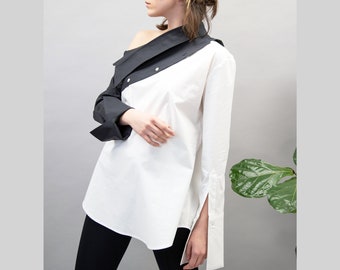 Black/White Convertible Shirt,Open Shoulder Shirt,Detachable Shirt,Asymmetrical Shirt,Multipurpose Shirt,Cut Out Designer Shirt,FC1037