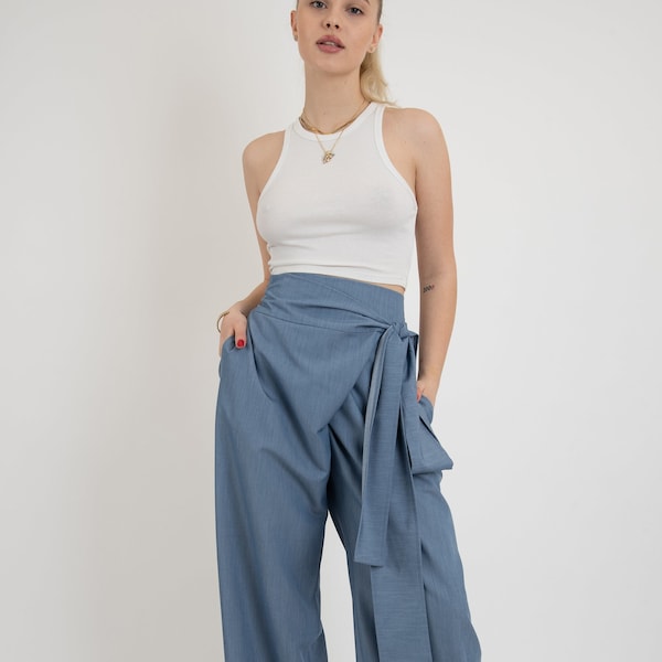 Pantalon Palazzo, pantalon Tencil bleu jambe large, pantalon ample, pantalon taille haute, pantalon flowy, pantalon Tencil décontracté, pantalon convertible, FC2120