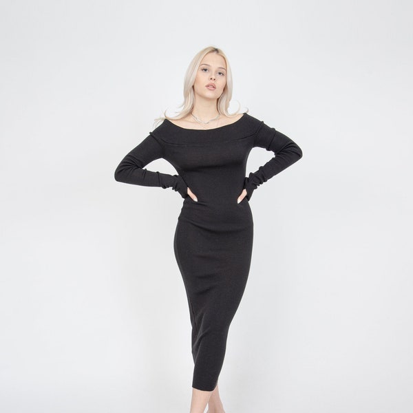 Slim Fit Dress/Off Shoulder Dress/Long Fitted Dress with Thumbhole/Black Ribbed Dress/Pencil Dress/Elegant Black Dress/Eco Dress/FC1074