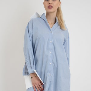Blue Striped Shirt, Detachable Collar and Cuffs, Oversized White Shirt, Formal Shirt, White Cuffs Shirt, Casual Loose Shirt, FC2135