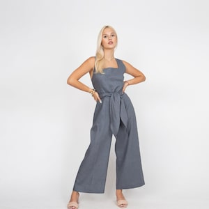 Wrap Linen Overalls/Open Back Linen Romper/Linen Jumpsuit Women/Linen Romper/Boho Jumpsuit/Bridesmaid Romper/Dark Gray Linen Overall/FC2110