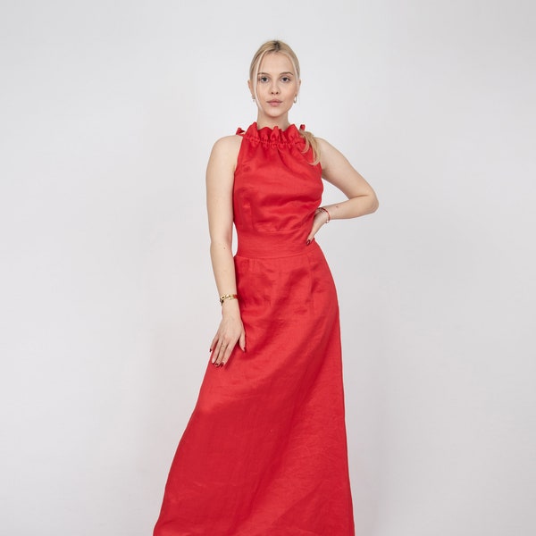 Unique Wedding Dress/Flax Long Dress/Flowing Dress/Handmade Linen Dress/Red Dress/Summer Dress/Linen Robe/Eco Dress/Linen Caftan/FC1156