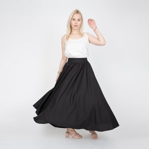 Linen Maxi Skirt/Linen Skirt/Linen Black Skirt/Summer Maxi Skirt/Long Black Skirt/Flared Skirt/Elastic Waist Skirt/Draped Skirt/FC1164
