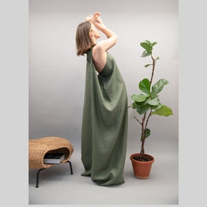Green Kaftan Dress/Handmade Linen Dress/Side Draped Dress/Elegant Dress/Zero waste Dress/Green Maxi Dress/Summer Dress/Flowing Dress/FC1007