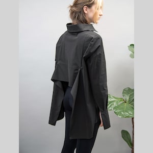 Black Asymmetrical Shirt,Collared Shirt,Open Back Shirt,Oversized White Shirt,Extra Large Cuffs,Open Back Shirt,Casual Loose Shirt,FC1052